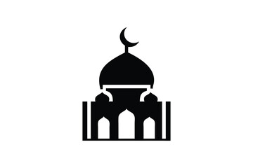 Serene Black and White Mosque Icon: Minimalist Islamic Architecture Symbol, Spiritual Peace, Religious Faith, Simple Design, Vector Illustration, Perfect for Websites, Apps, and Branding Projects.