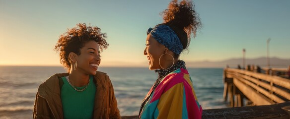 The joyful moments of friendship by the seaside at sunset.