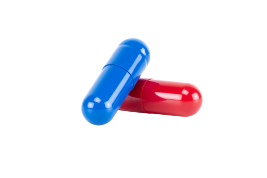 A red pill and a blue pill, representing a difficult choice or dilemma. A concept for decision, reality, and pharmaceutical medicine, isolated on white background with clipping path.
