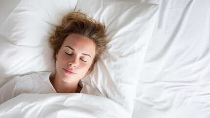 Sleep, rest and well-being. Young woman sleeping peacefully in a bed with soft white sheets.