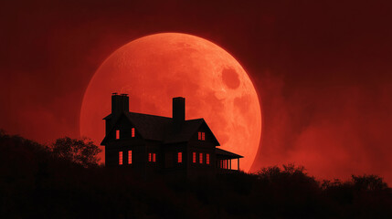 Haunted house silhouette backlit by giant glowing red full moon with eerie red sky and dark trees creating spooky and mysterious atmosphere at night