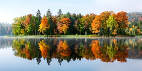 Fototapeta premium A serene autumn landscape featuring a line of trees with vibrant fall foliage, reflecting on a calm lake surrounded by mist