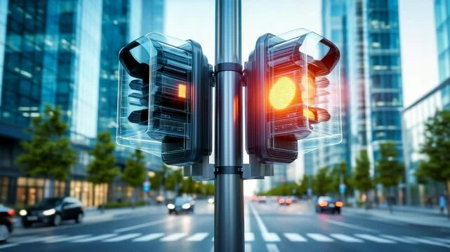 Modern traffic lights on a city intersection with red lights glowing. Symbol of urban safety, innovation, and smart transportation. Traffic Light Day concept.
