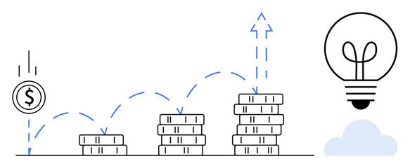 Coin dropping onto rising stacks representing financial growth, accompanied by a lightbulb symbolizing innovation and creativity. Ideal for finance, business growth, investment, wealth management