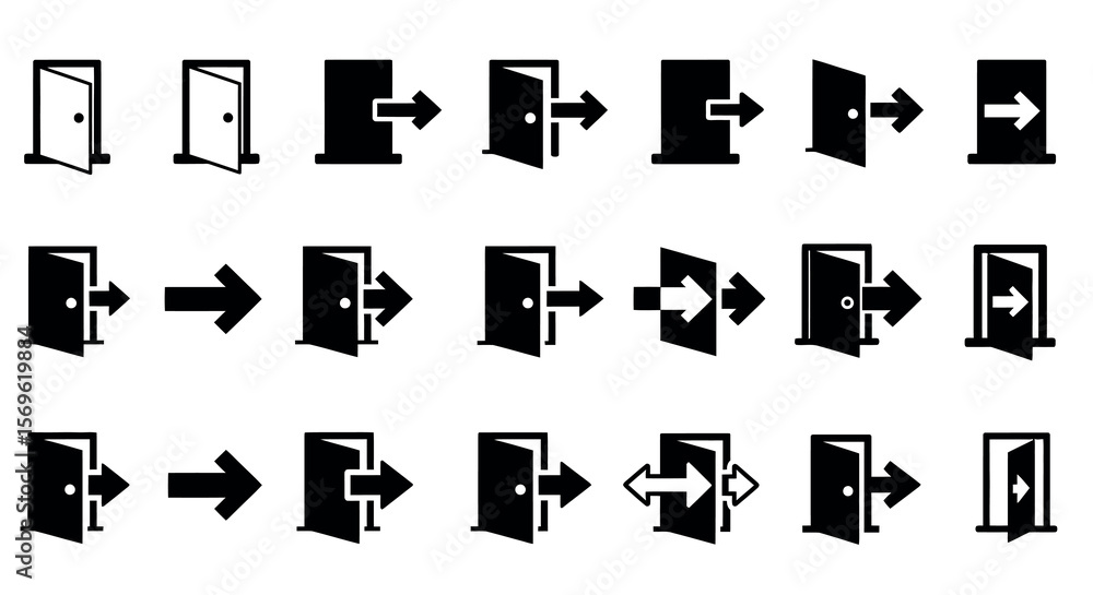 Poster simple door icon set with arrows for exit and entrance concepts in black silhouette style