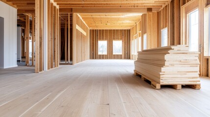 Modern Construction Site with Wooden Flooring and Bright Natural Light