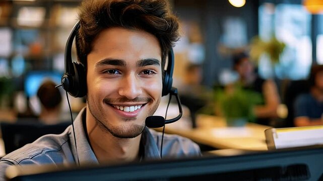 Smiling young handsome man wearing a headset and working at a computer in a modern, collaborative office setting