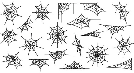 Collection of spider web designs in linear style for halloween decor