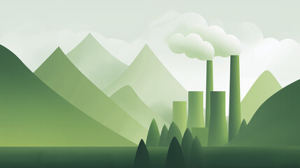 Green landscape illustration featuring mountains, smokestacks emitting clouds, and a serene environment, highlighting the contrast between nature and industrial elements in a harmonious design