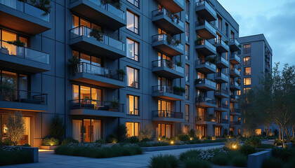 Fototapeta premium Modern Urban Apartment Complex with Illuminated Balconies at Twilight