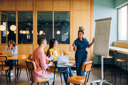 Diverse team discussing and presenting ideas during a business meeting in an office