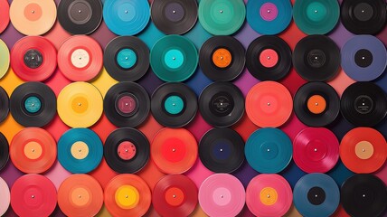 A vibrant collection of vinyl records organized in a rainbow spectrum, soft neon lighting, retro theme, photorealistic.