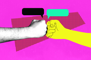 Banner 3d artwork pop image collage of business partners hands boom fist gesture dude hello...