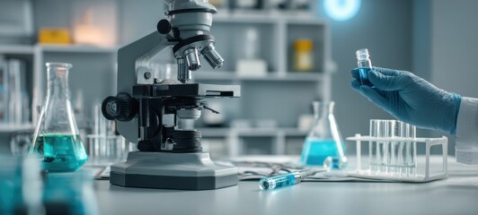 The laboratory microscope and glassware showcasing scientific research equipment and studies.