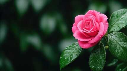 Fresh Pink Rose with Water Droplets on Green Leaves in Soft Focus Background