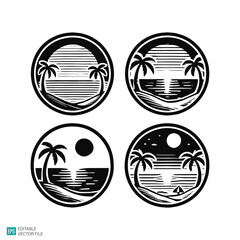 beach logo illustration vector black and white background templates