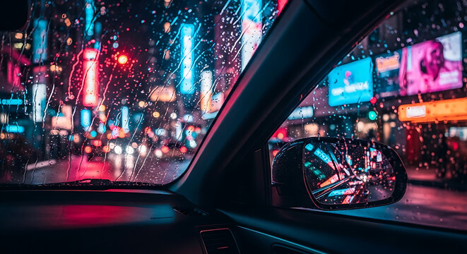 Neon Lights Reflecting on Wet Windshield at Night