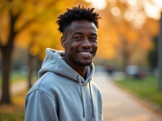 Smiling young man in a gray hoodie enjoys a sunny autumn day in the park.
