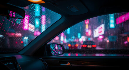 Cyberpunk Cityscape Through Rainy Car Window