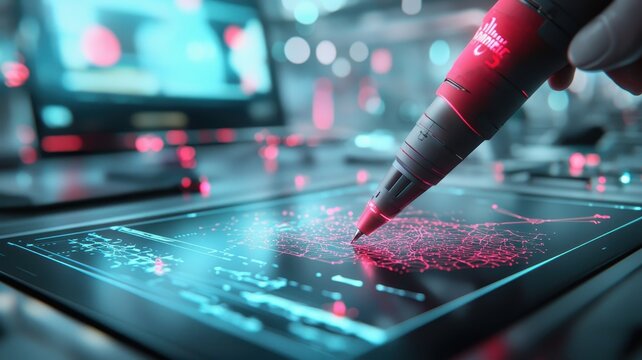 A collection of laser-engraved tools placed on a glass table, with a futuristic workshop in the background, holographic elements, sharp focus.