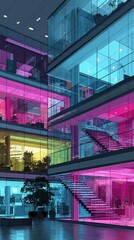 Obraz premium A vibrant digital painting of a modern office with neon-lit glass walls