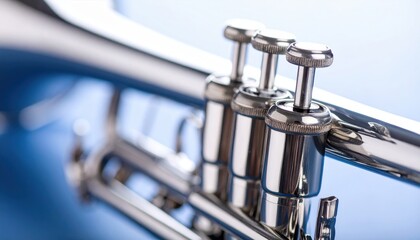 Close-up view of a shiny trumpet's valves and tubing against a soft blue background