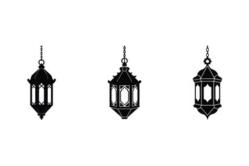 Obraz premium Three black silhouette lanterns hanging on white background in a simple vector illustration 