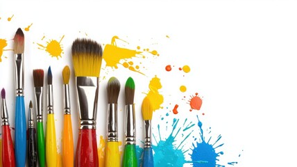 Obraz premium Set of artist's brushes in vibrant paint splashes, [art tools], [creative expression].