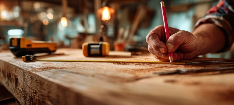 The craftsman measuring wood with a pencil in a well-lit workshop.