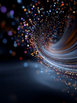 Multicolored digital particles creating a dynamic swirl of energy