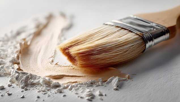 A close-up shot captures a paintbrush applying smooth, creamy white paint on a textured surface, showcasing the brush's bristles and the paint's texture - Powered by Adobe