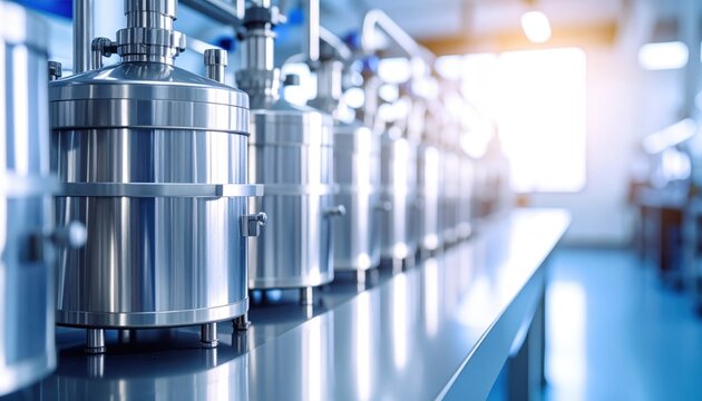 Stainless steel fermentation tanks lined up in a bright, modern brewery setting - Powered by Adobe