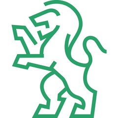 A stylized green lion rampant symbol on a black background representing strength and heraldry