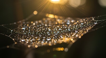 Morning dew drops on spiderweb sparkling in golden sunlight with beautiful bokeh background