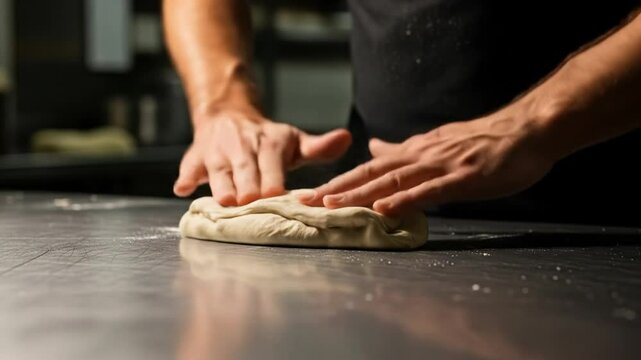 Step by step detailed process demonstrating skilled hand kneading and shaping dough on reflective