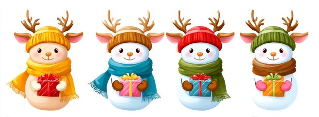 Cute Christmas Snowmen Wearing Different Colorful Accessories and Holding Gifts
