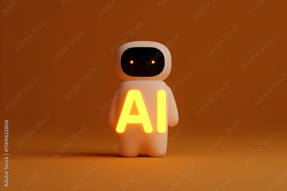 Poster a toy robot figure with glowing ai letters on its torso standing on an orange background. concept of