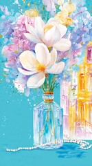 colorful art, spring composition of flowers folded into a bright bouquet standing in a crystal exquisite vase on a city blue background. Spring painting for a modern apartment interior