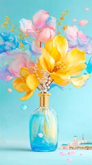 colorful art, spring composition of flowers folded into a bright bouquet standing in a crystal exquisite vase on a city blue background. Spring painting for a modern apartment interior