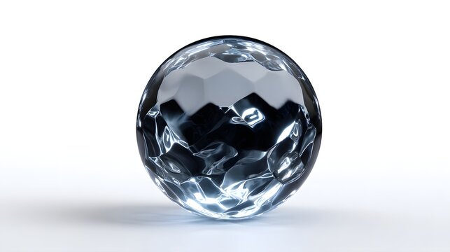 Elegant crystal glass sphere on a reflective surface.