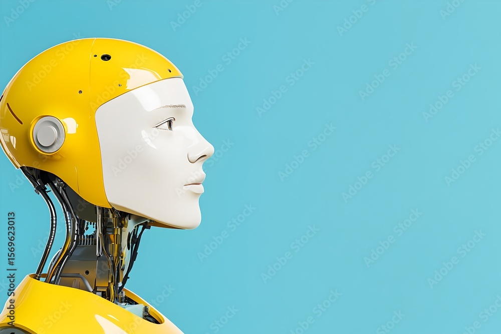 Poster side profile of a robot with a white face and yellow head covering, showcasing artificial intelligen
