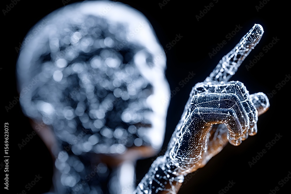 Poster abstract render of a humanoid ai with glowing data points. concept of artificial intelligence and in