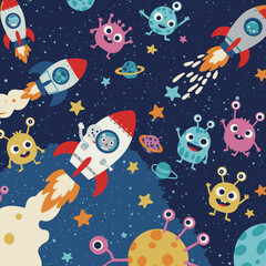 A vibrant and playful cartoon illustration depicts a whimsical outer space scene filled with cheerful aliens, flying rockets, and twinkling stars.