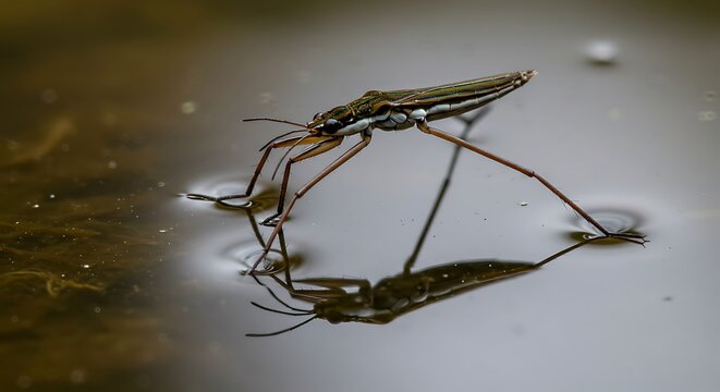 Water Strider Insect Gliding on Calm Pond Surface with Detailed Reflection