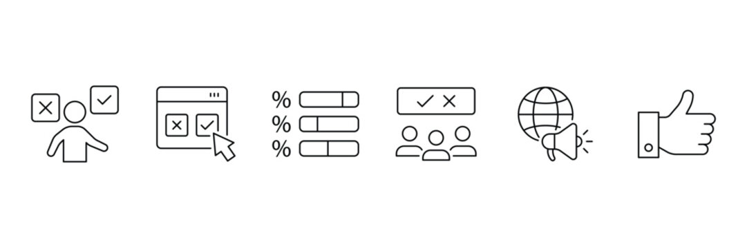 Decision making survey result icon set with user interaction poll percentage vote analytics and global feedback in outline vector illustration.
