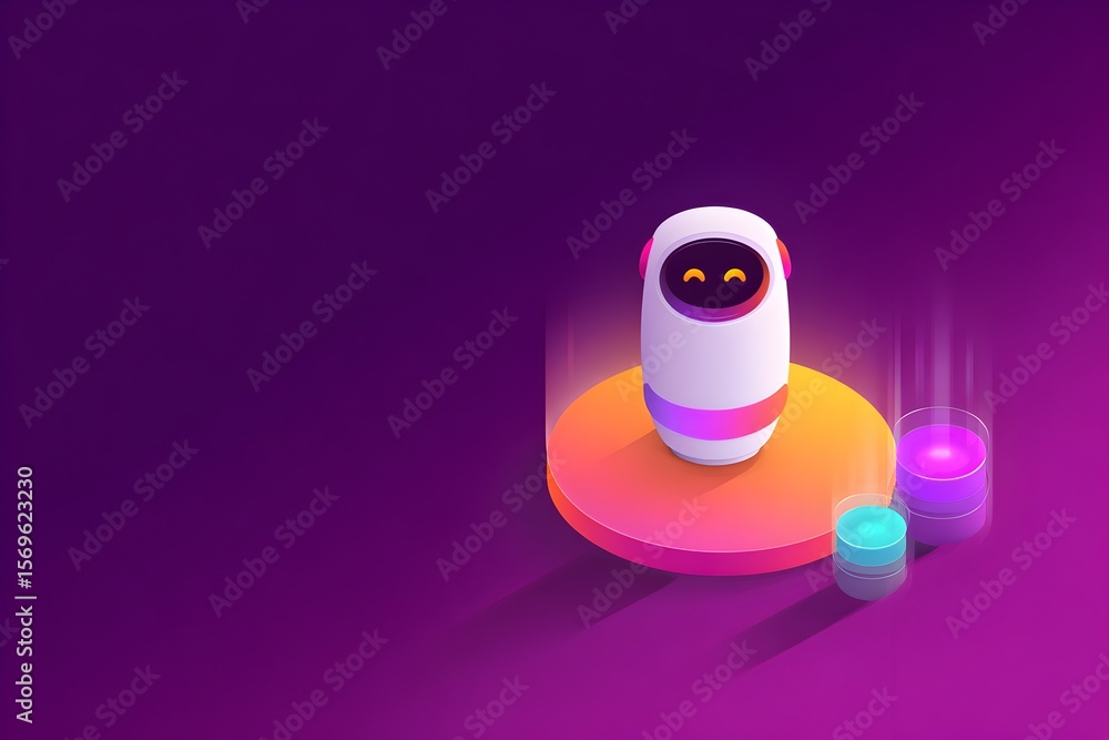 Poster white virtual assistant robot on an orange podium. robotic artificial intelligence concept for moder
