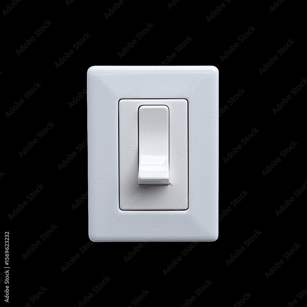 Poster classic single white light switch with rectangular design, set against black background, creates str