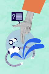 Poster image artwork pop collage of human hand show handgun gesture artificial intelligence app tab question prompt generation