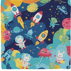 Whimsical cartoon characters including aliens, astronauts, and rockets explore a colorful galaxy with planets and stars.