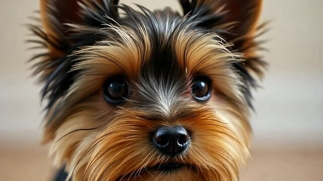 Close-up of a small Yorkshire Terrier with a shiny coat. The dog has a black and tan color pattern, large dark eyes, and perky ears. It appears alert and friendly.